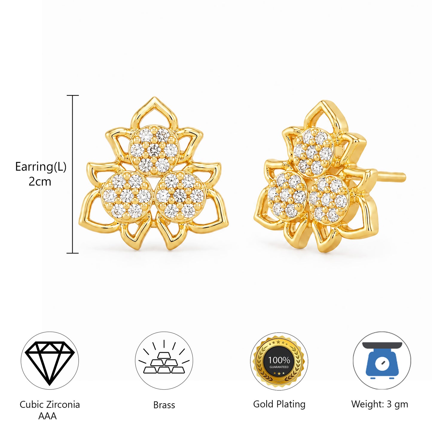 Gold Plated AD Studs Earrings for Women