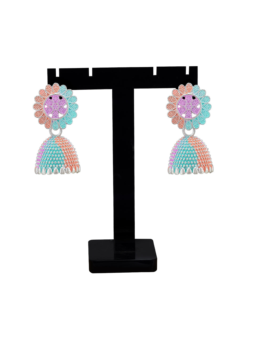 Silver-Plated Floral Pink & Green Jhumki Earrings