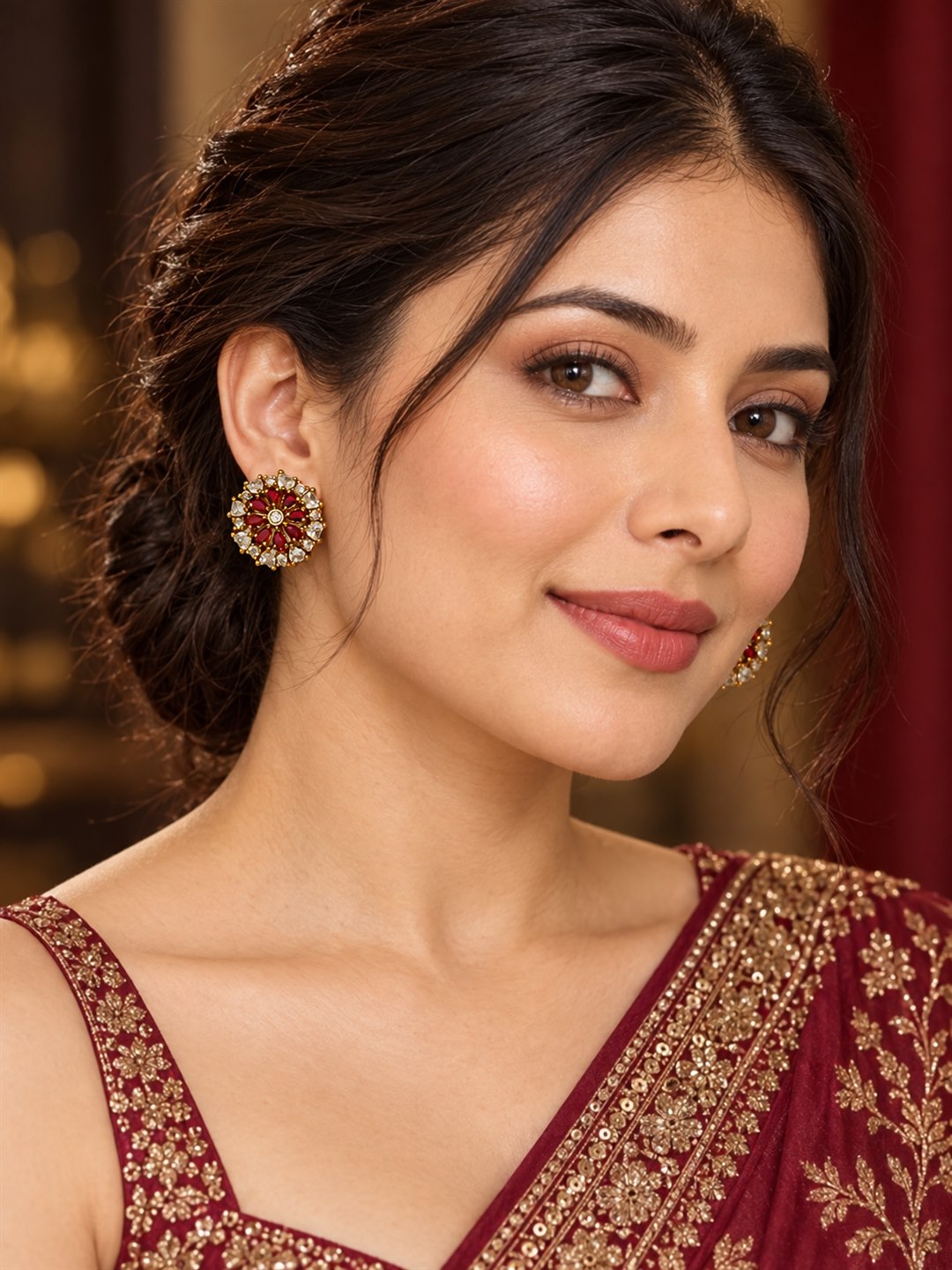 South Indian Gold Plated Red AD Floral Stud Earrings for Women