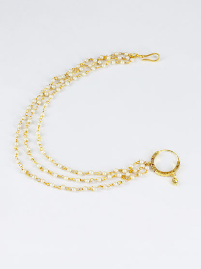 Gold Plated Red AD Nose Ring with 3 line Pearl Chain
