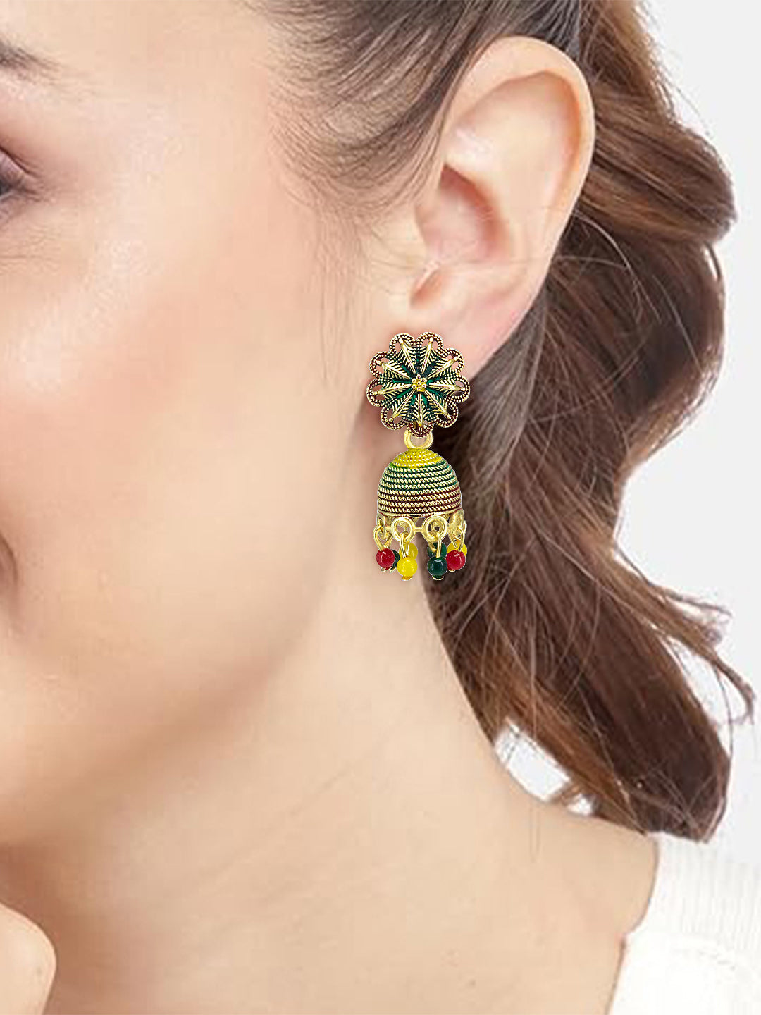 Gold Plated Floral Multi Color Artificial Beaded Jhumki Earrings