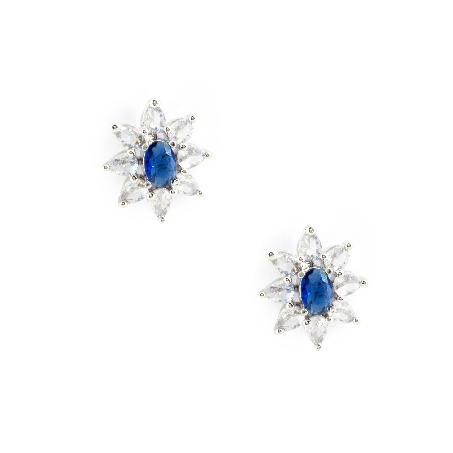 Rhodium Plated Blue AD Floral Studs for Women