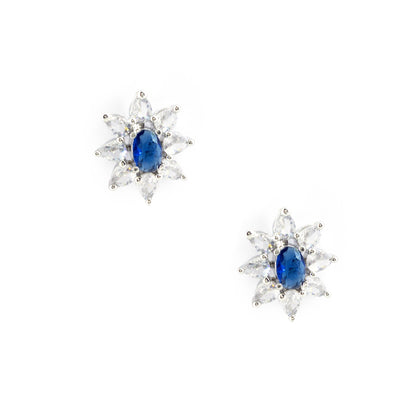 Rhodium Plated Blue AD Floral Studs for Women