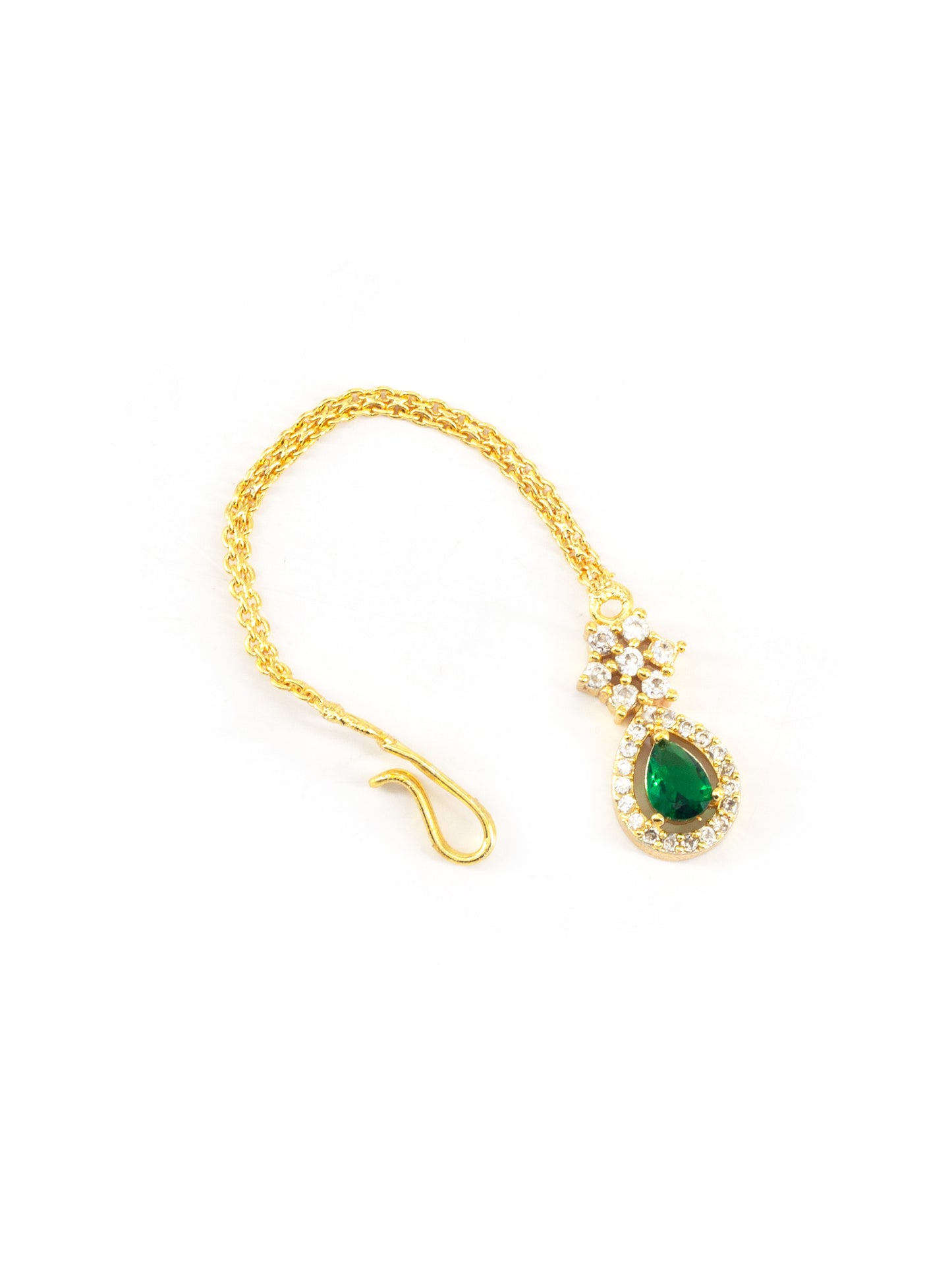 Gold Plated Green AD Teardrop Maang Tikka for Women