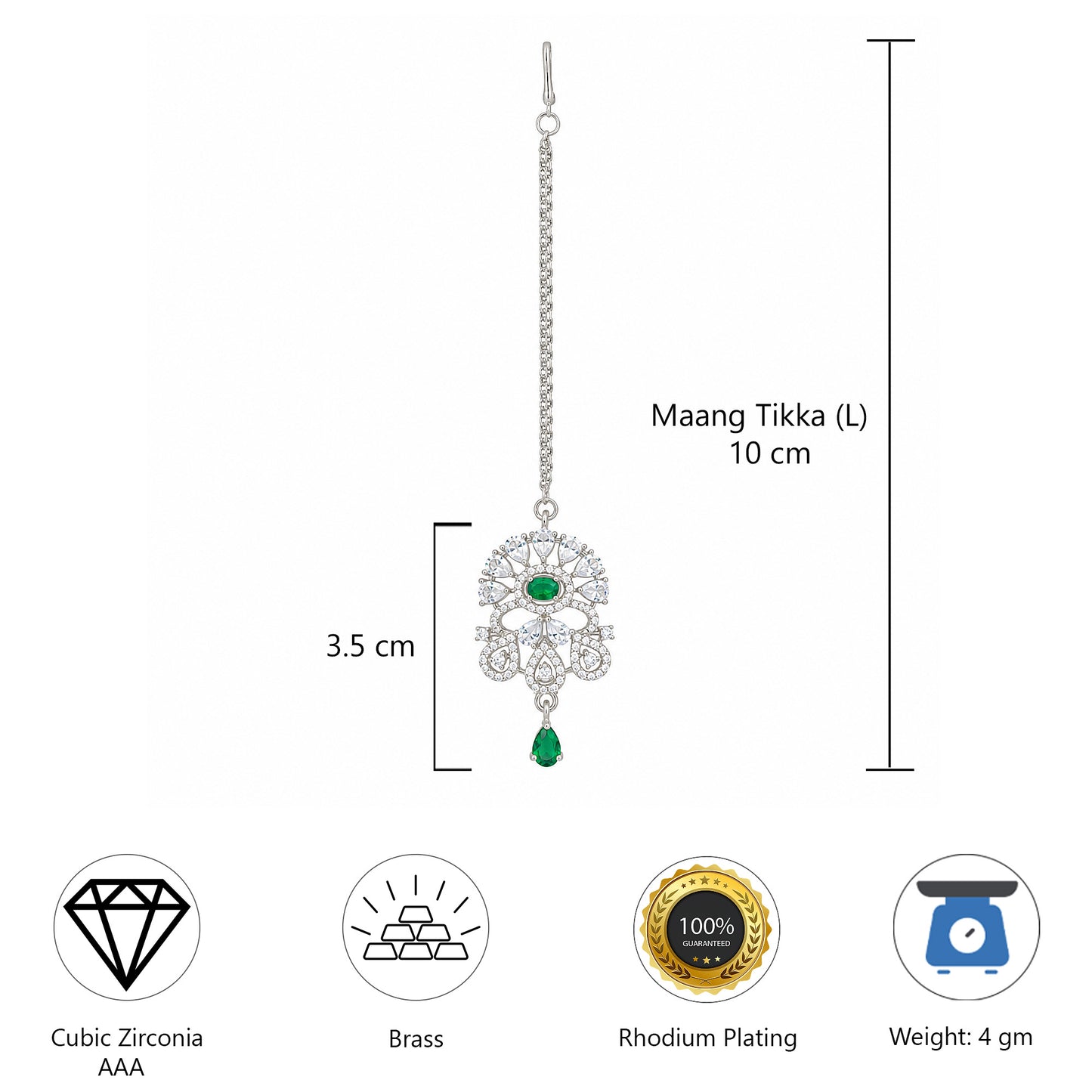 Silver Plated Green AD Maang Tikka for Women