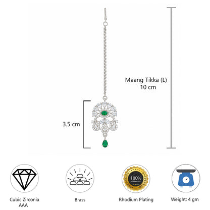 Silver Plated Green AD Maang Tikka for Women