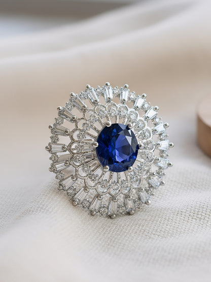 Rhodium Plated Blue AD Designer Adjustable Ring for Women