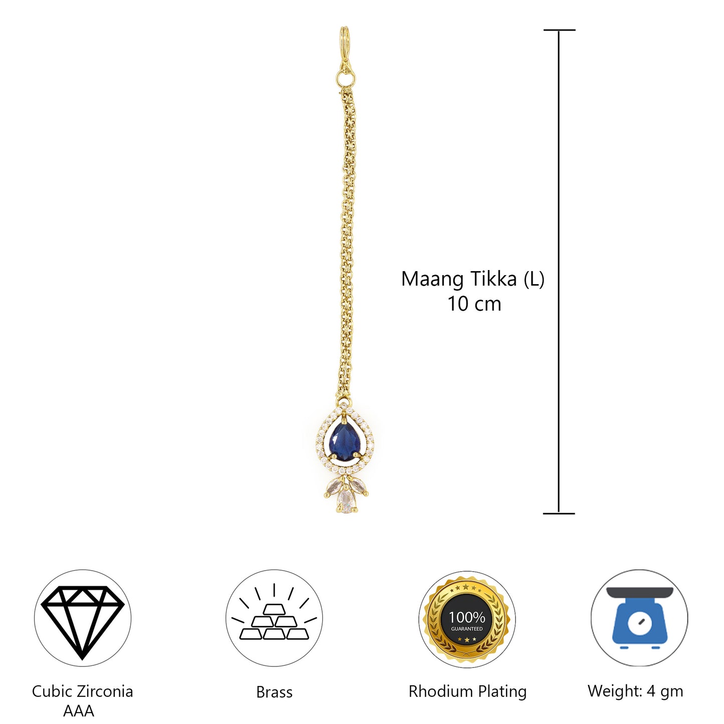 Gold Plated Blue AD Maang Tikka for Women