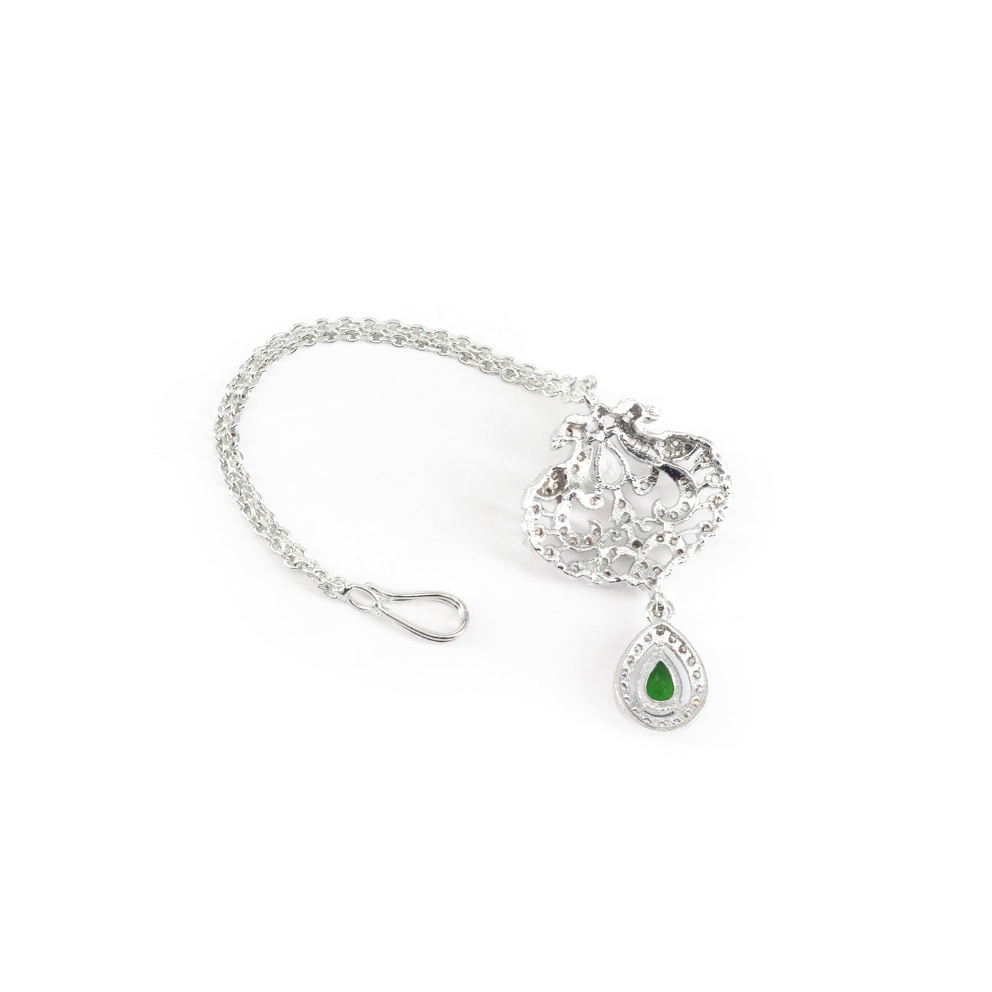 Silver Plated Green AD Peacock Maang Tikka for Women