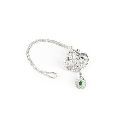 Silver Plated Green AD Peacock Maang Tikka for Women