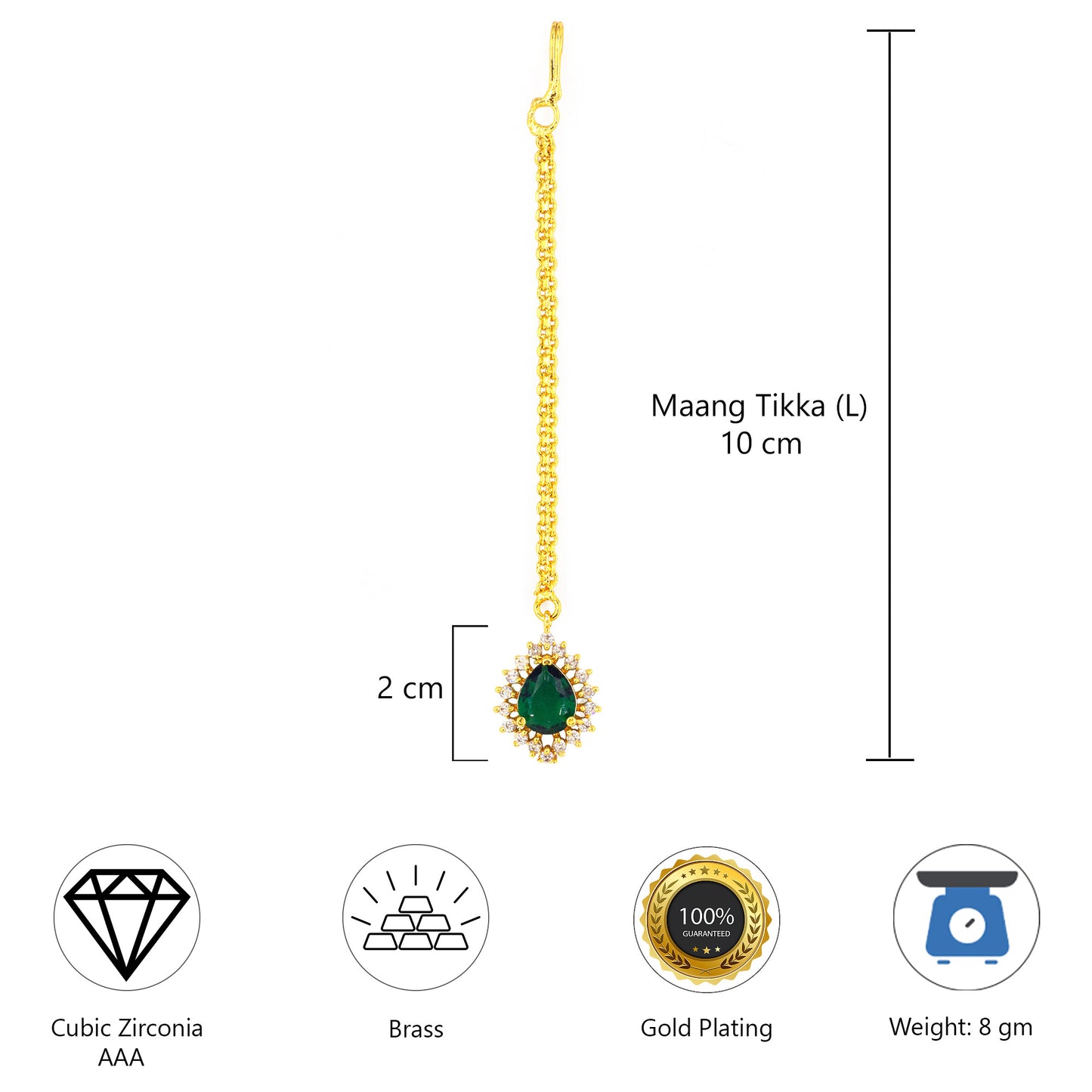 Gold Plated Green AD Maang Tikka for Women