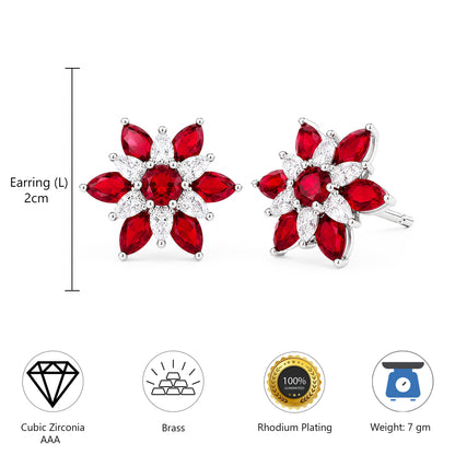 Rhodium Plated Red AD Floral Stud Earrings for Women