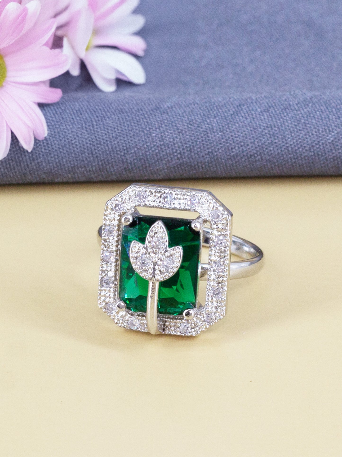 Rhodium Plated Green AD Leaf Adjustable Ring for Women