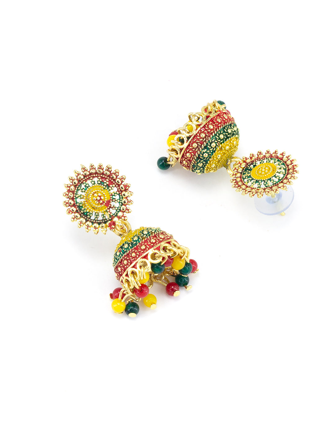 Gold Plated Circular Multi Color Artificial Beaded Jhumki Earrings
