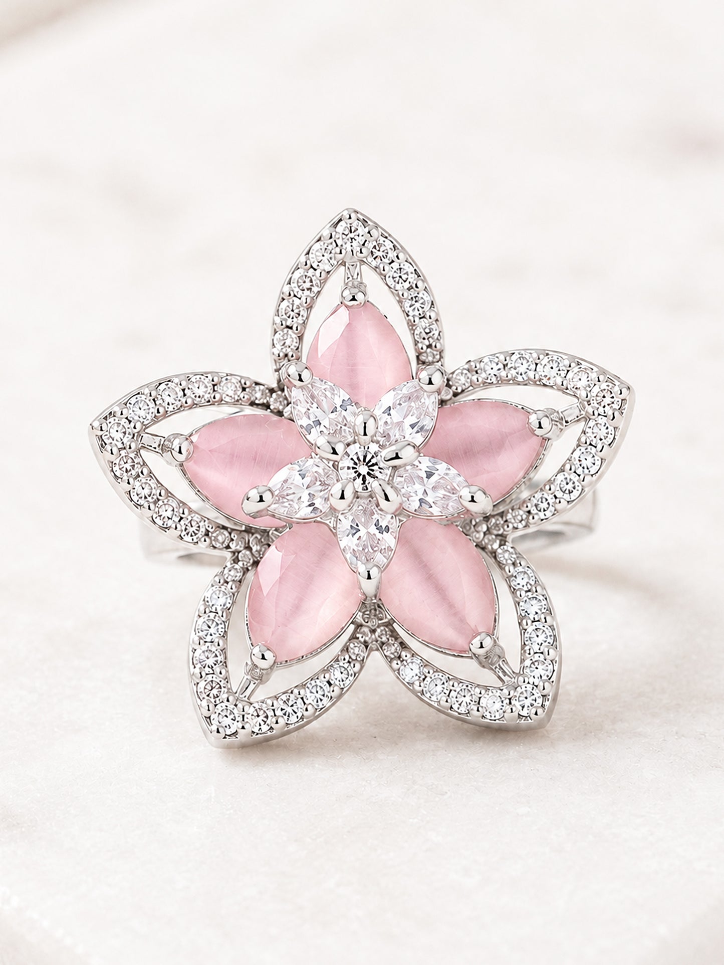 Rhodium Plated Pink AD Floral Finger Ring for Women