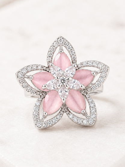 Rhodium Plated Pink AD Floral Finger Ring for Women