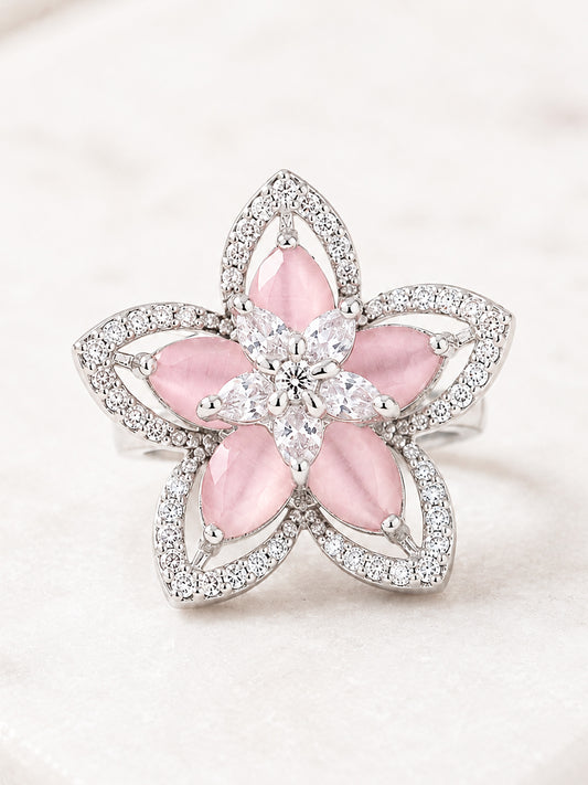 Rhodium Plated Pink AD Floral Finger Ring for Women