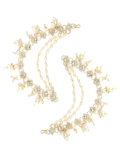 Gold-plated 3-Layered Square Kundan-Studded & Faux-Pearl Drop Ear Chain