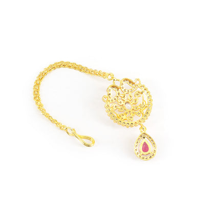 Gold Plated Red AD Floral Maang Tikka for Women