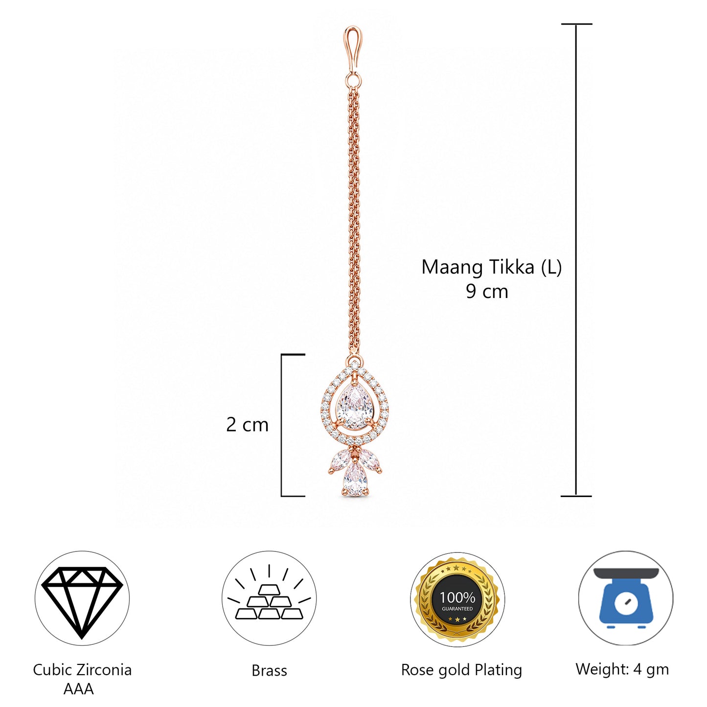 Rose Gold Plated Teardrop Maang Tikka for Women