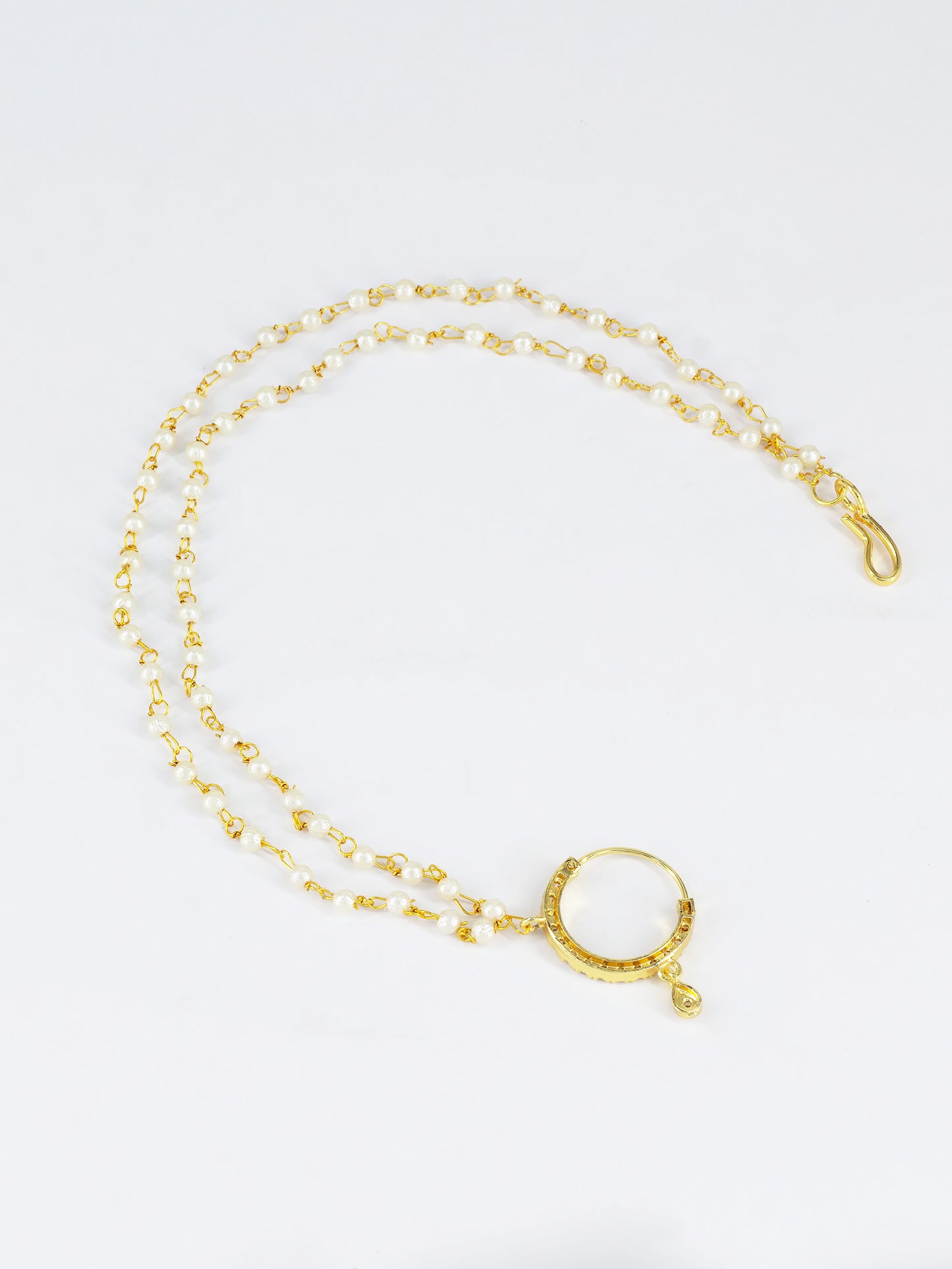Gold Plated AD Nose Ring with 2 line Pearl Chain