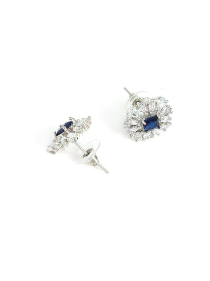 Silver Plated Blue AD Floral Stud Earrings For Women