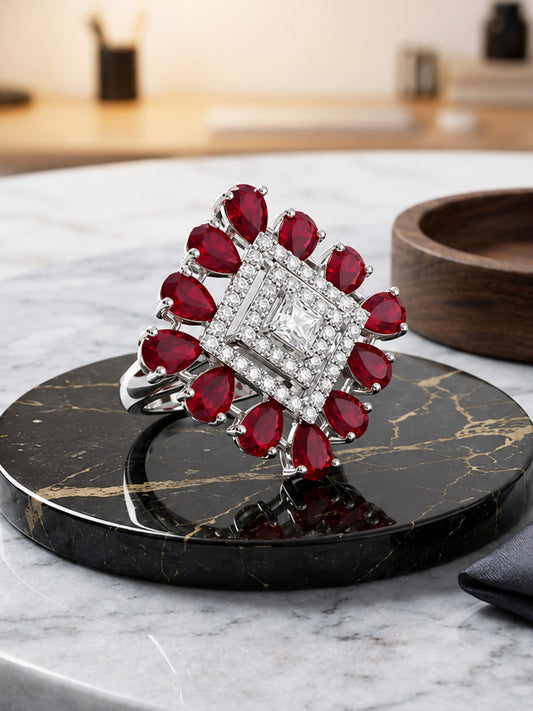 Silver Plated Red AD Finger Ring for Women