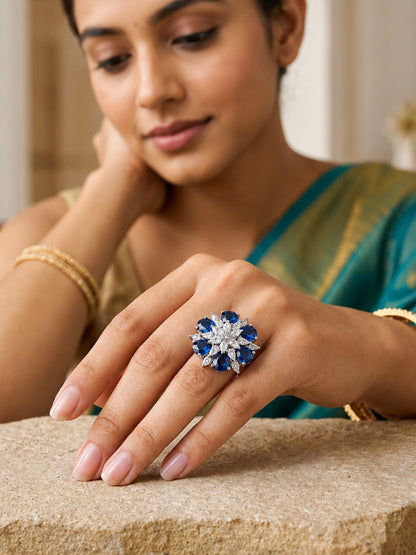 Rhodium Plated Blue AD Finger Ring for Women