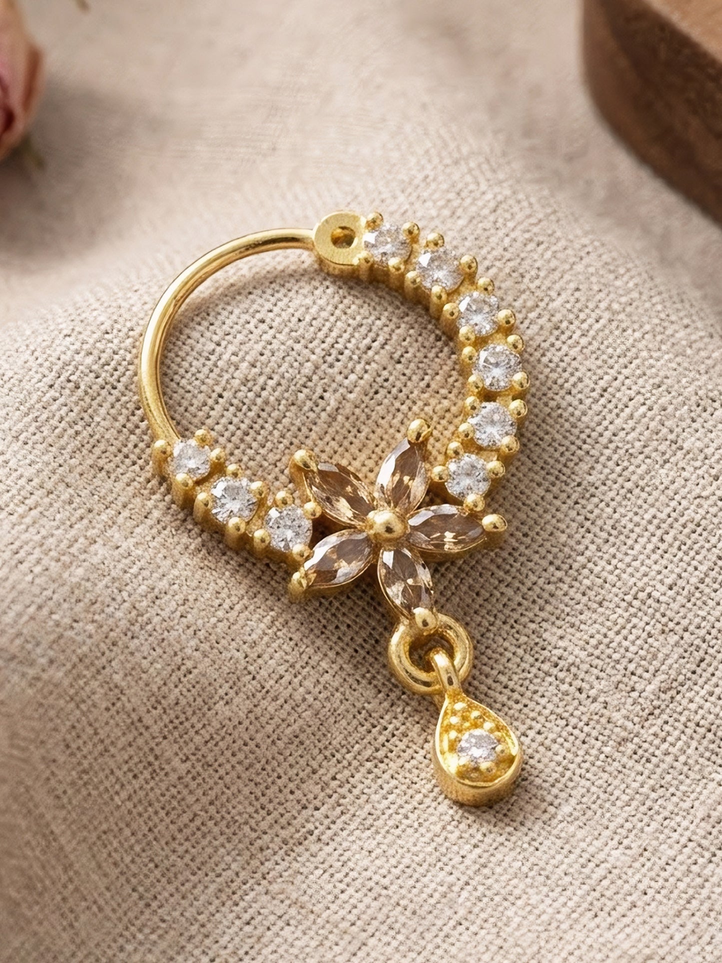 Gold Plated AD Floral Drop Nose Ring for Women
