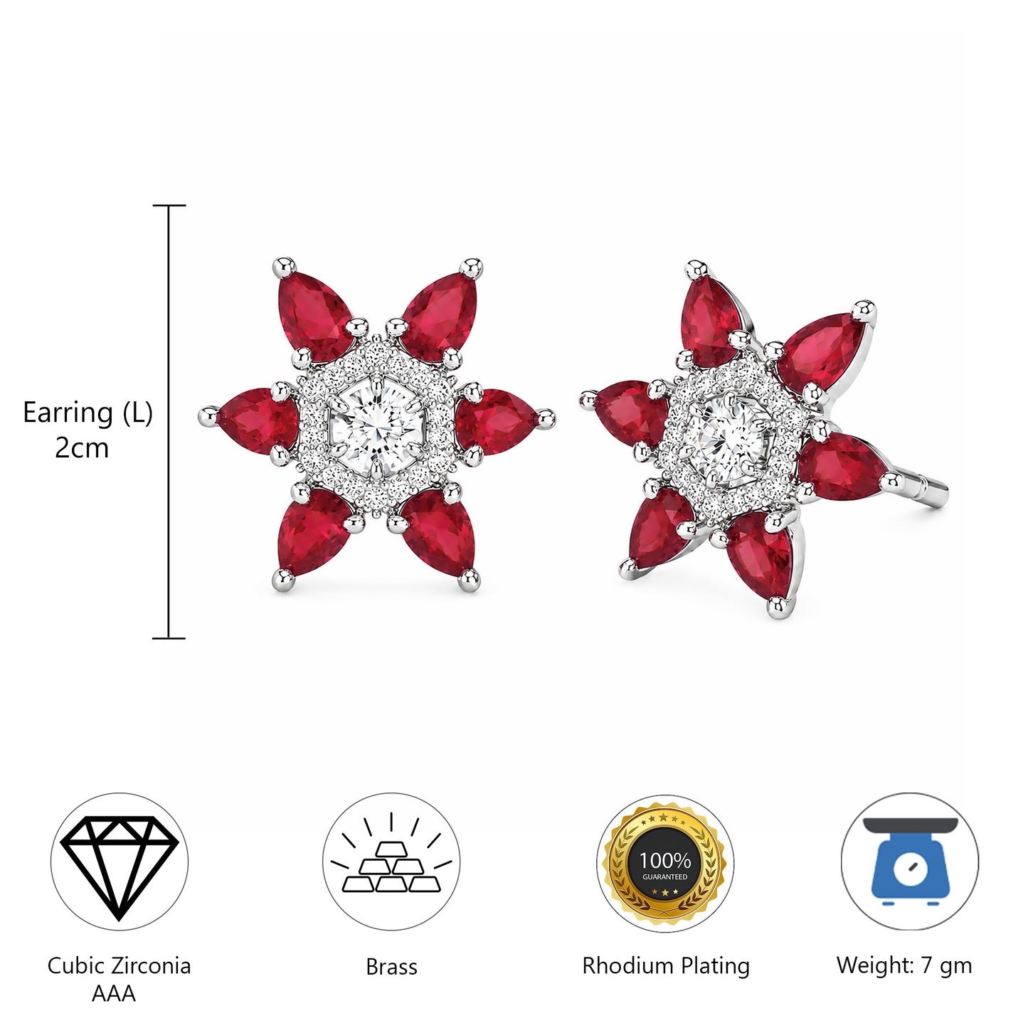 Silver Plated Red AD Floral Stud Earrings for Women