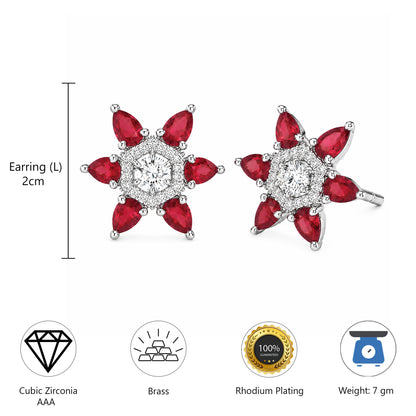 Silver Plated Red AD Floral Stud Earrings for Women