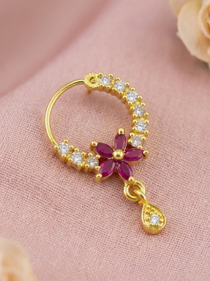 Gold Plated Red AD Floral Drop Nose Ring for Women