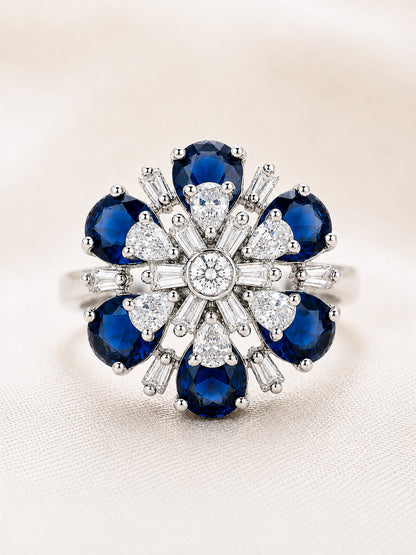 Silver Plated Blue AD Floral Finger Ring for Women