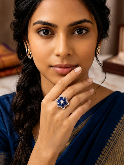 Rhodium Plated Blue AD Floral Finger Ring for Women
