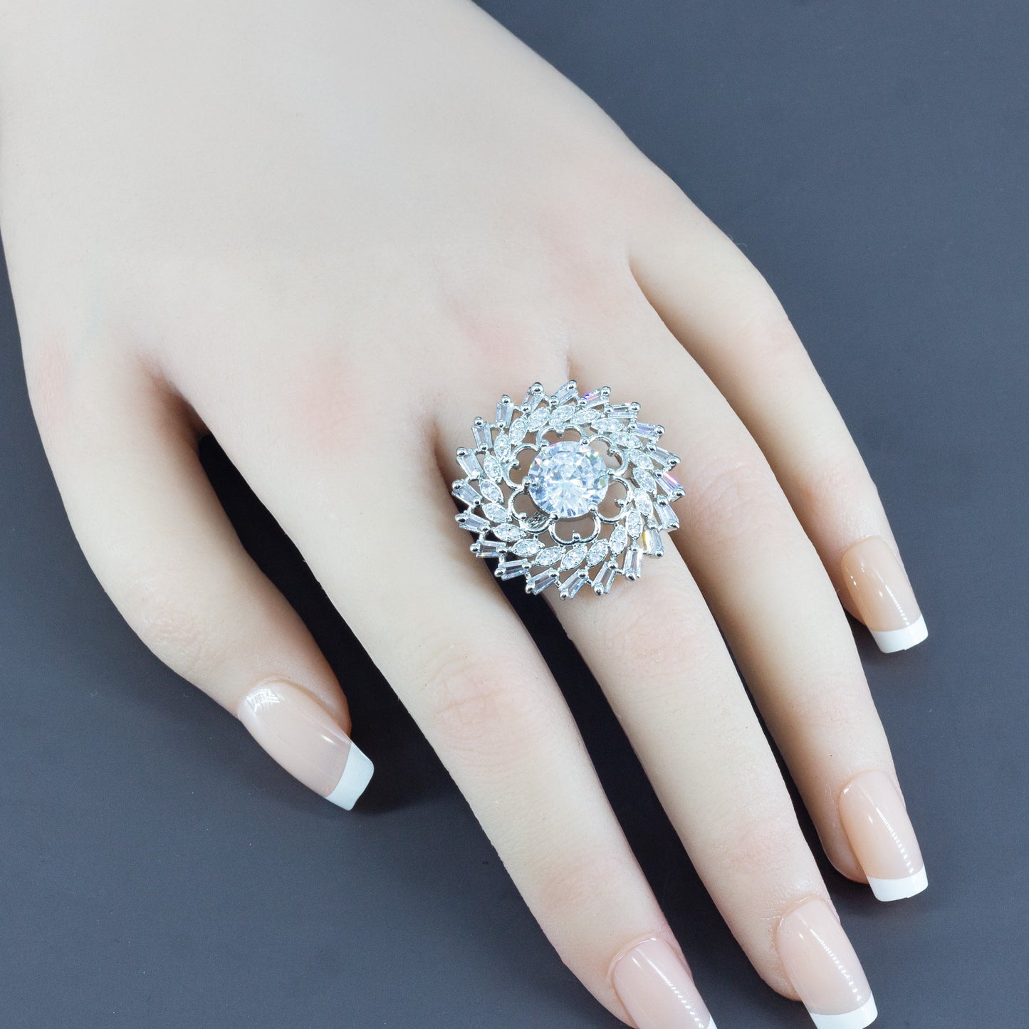 Silver Plated White AD Floral Adjustable Ring for Women