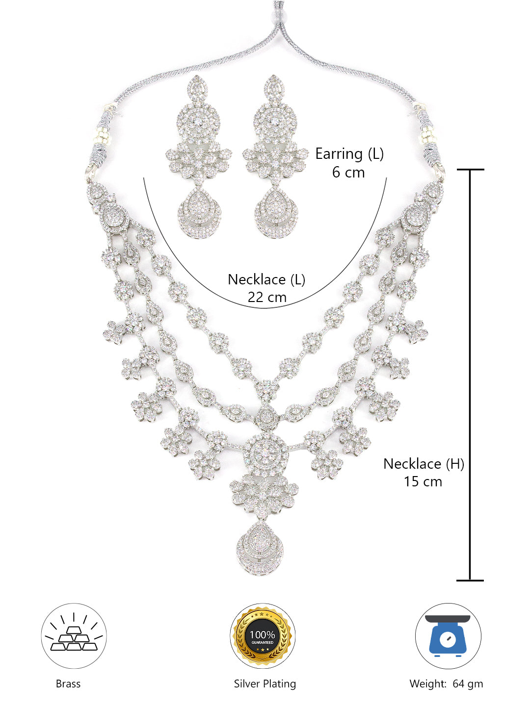 Silver Plated 3 Layer Cocktail AD Designer Jewellery Set