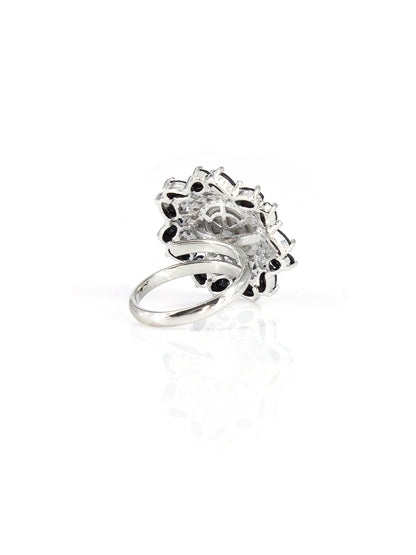 Silver Plated Black AD & Pearl Adjustable Ring