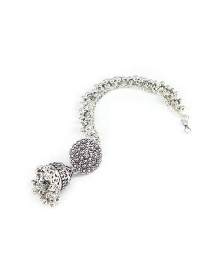 Silver Oxidised Circular Earrings with Ear Chain for Women