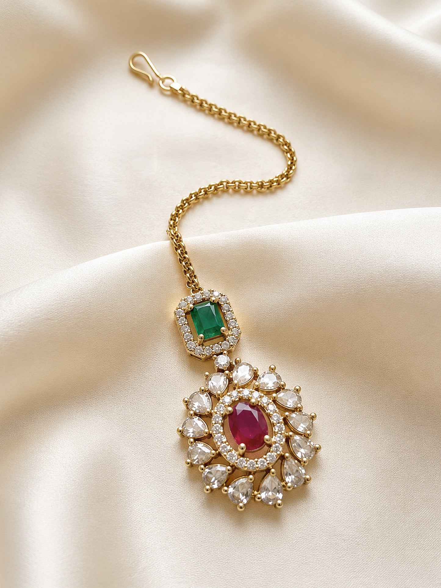 Antique Gold Plated Red AD Maang Tikka for Women