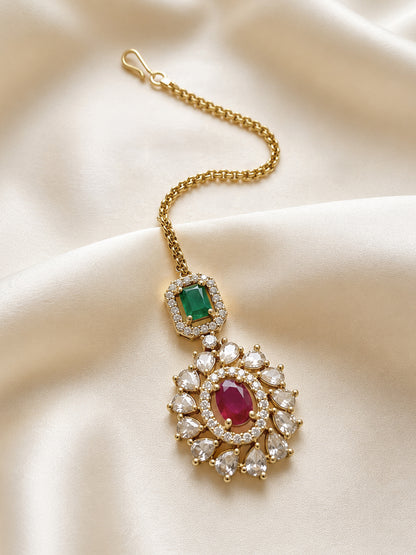 Antique Gold Plated Red AD Maang Tikka for Women