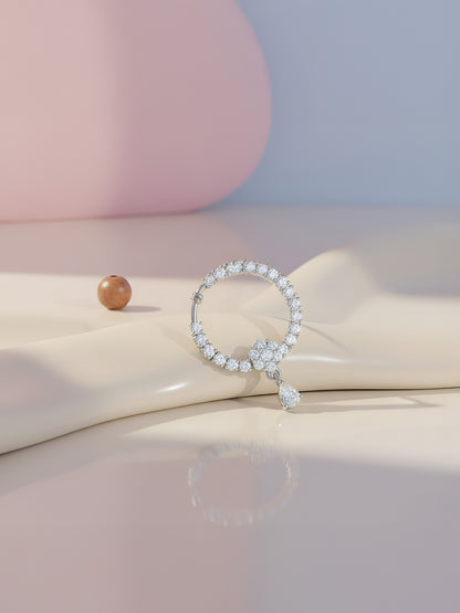 Silver Plated White American Diamond Bridal Floral Drop Nose Ring for Women