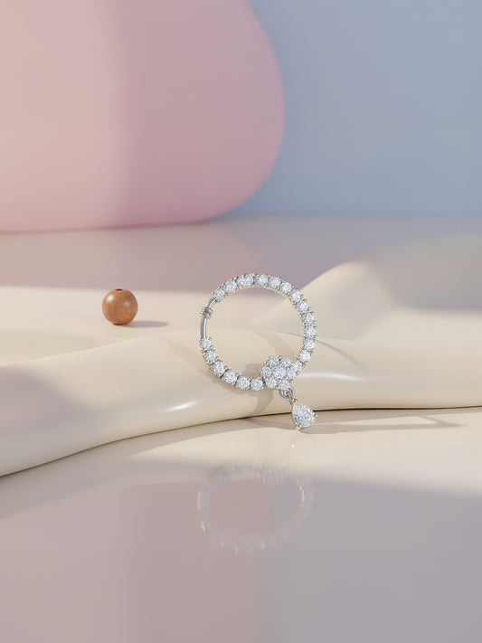 Silver Plated White American Diamond Bridal Floral Drop Nose Ring for Women