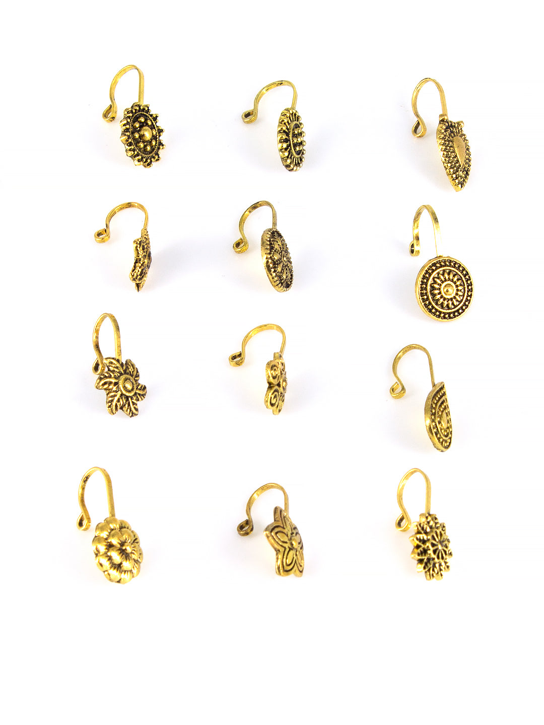Set of 12 Gold-Plated Floral Non-Piercing Nosepins