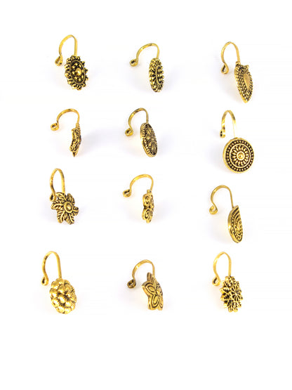 Set of 12 Gold-Plated Floral Non-Piercing Nosepins