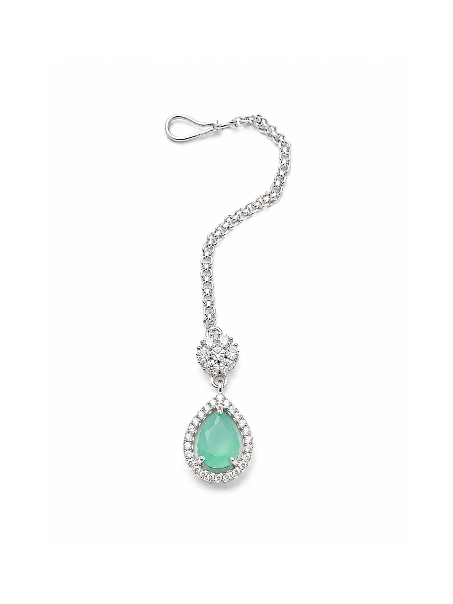 Silver Plated Green AD Maang Tikka for Women