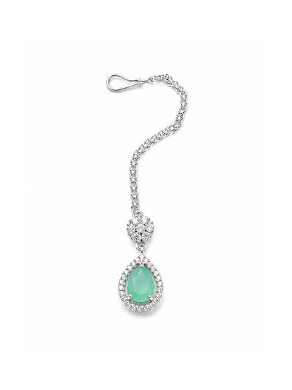 Silver Plated Green AD Maang Tikka for Women