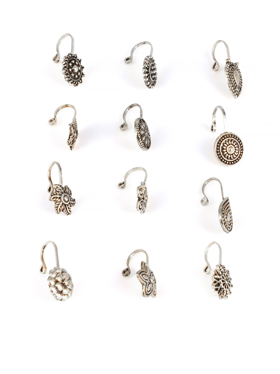 Set of 12 Silver-Oxidised Floral Non-Piercing Nosepins