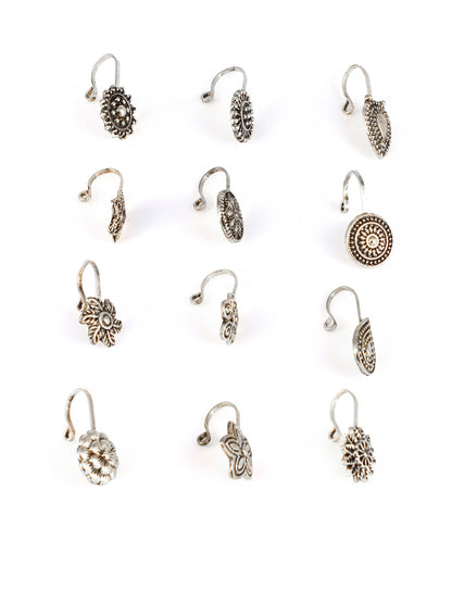 Set of 12 Silver-Oxidised Floral Non-Piercing Nosepins