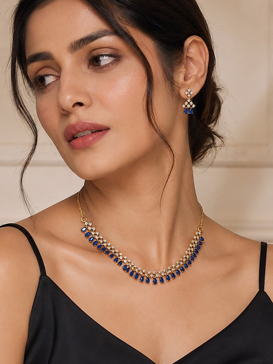 Gold Plated Blue American Diamond Jewellery Set for Women