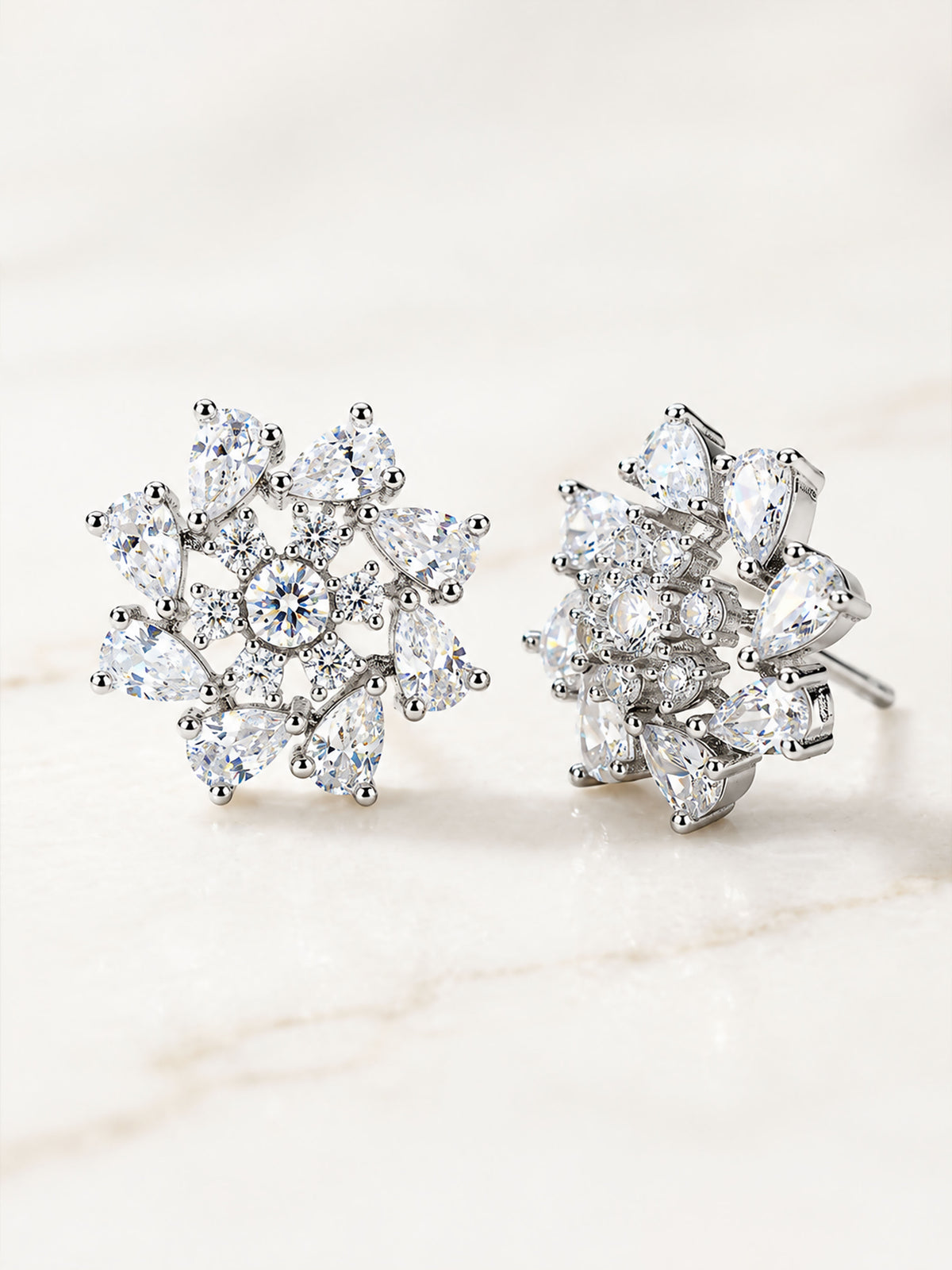 Rhodium Plated AD Floral Stud Earrings for Women